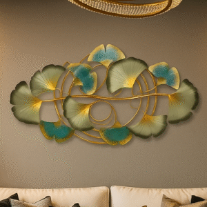Elegant ginkgo leaf metal wall art with golden and teal accents – luxury handcrafted designer wall décor for living room, bedroom, and modern interiors.
