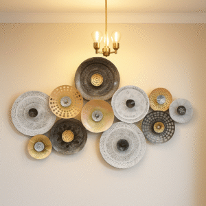 Geometric circular metal wall art in black, silver, and gold – handcrafted modern wall décor without LED light for living room and home interiors.