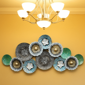 Handcrafted silver, green, and blue floral metal wall décor – elegant designer wall hanging for living room, bedroom, and modern interiors