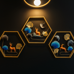 Set of 3 hexagon golden metal wall décor frames with deer and floral design – modern handcrafted luxury wall art for living room, bedroom, and interiors