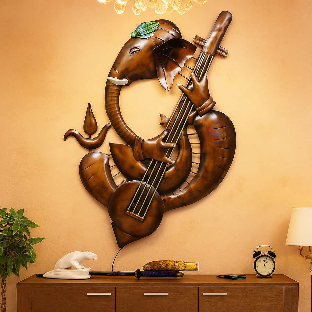 divine antique ganesh metal wall art with led Handcrafted Ganesh Ji metal wall art with LED backlight – antique brown finish, musical instrument design for home and temple décor