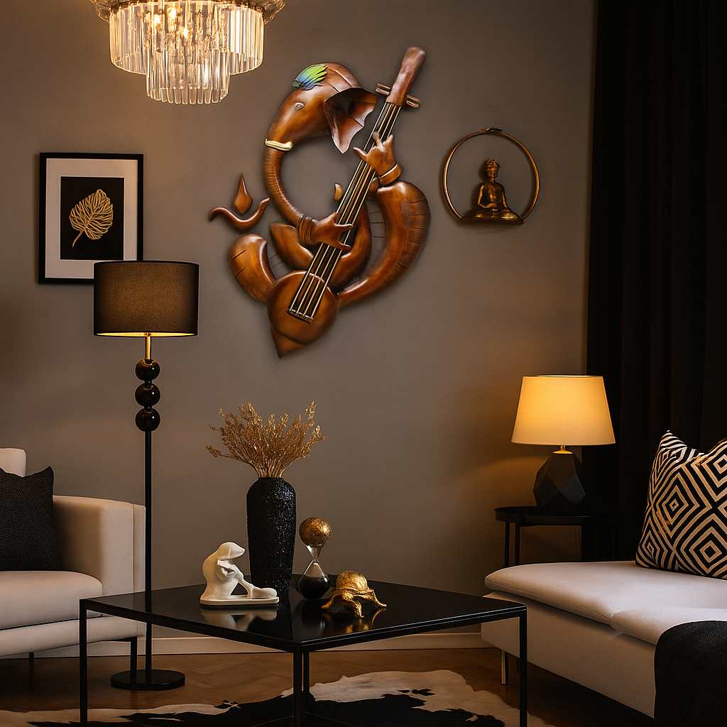 divine antique ganesh metal wall art with led Handcrafted Ganesh Ji metal wall art with LED backlight – antique brown finish, musical instrument design for home and temple décor