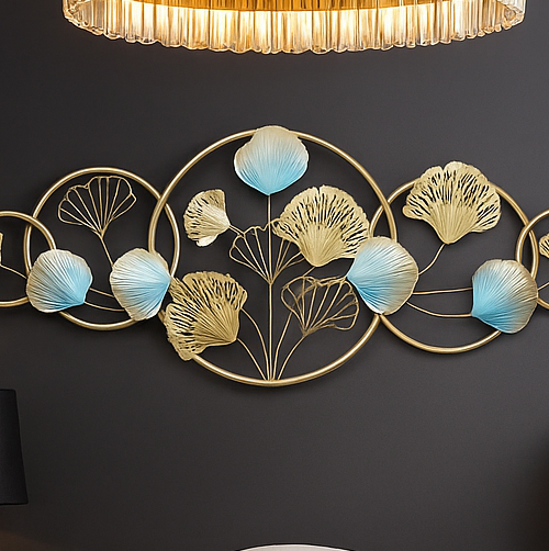 Handcrafted metal floral wall art in golden and blue tones with circular frames – elegant decorative wall hanging for living room and bedroom. Everaura.org eceraura