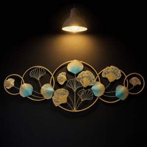 Handcrafted metal floral wall art in golden and blue tones with circular frames – elegant decorative wall hanging for living room and bedroom. Everaura Everaura.org everaura.in