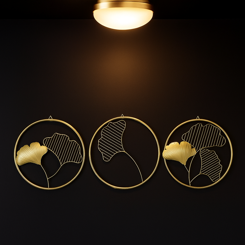 golden trio circle floral wall art home decor Set of 3 handcrafted golden floral circle wall art frames – elegant minimalist decorative wall hanging for living room and bedroom – Everaura