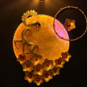 Handcrafted metal wall art featuring a golden deer with floral accents and round frame LED-lit nature inspired décor for living room and hallway Everaura