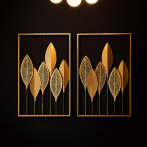Set of 2 handcrafted metal wall art panels featuring golden leaf designs framed in black backdrop – modern decorative wall hanging for living room and hallway – Everaura